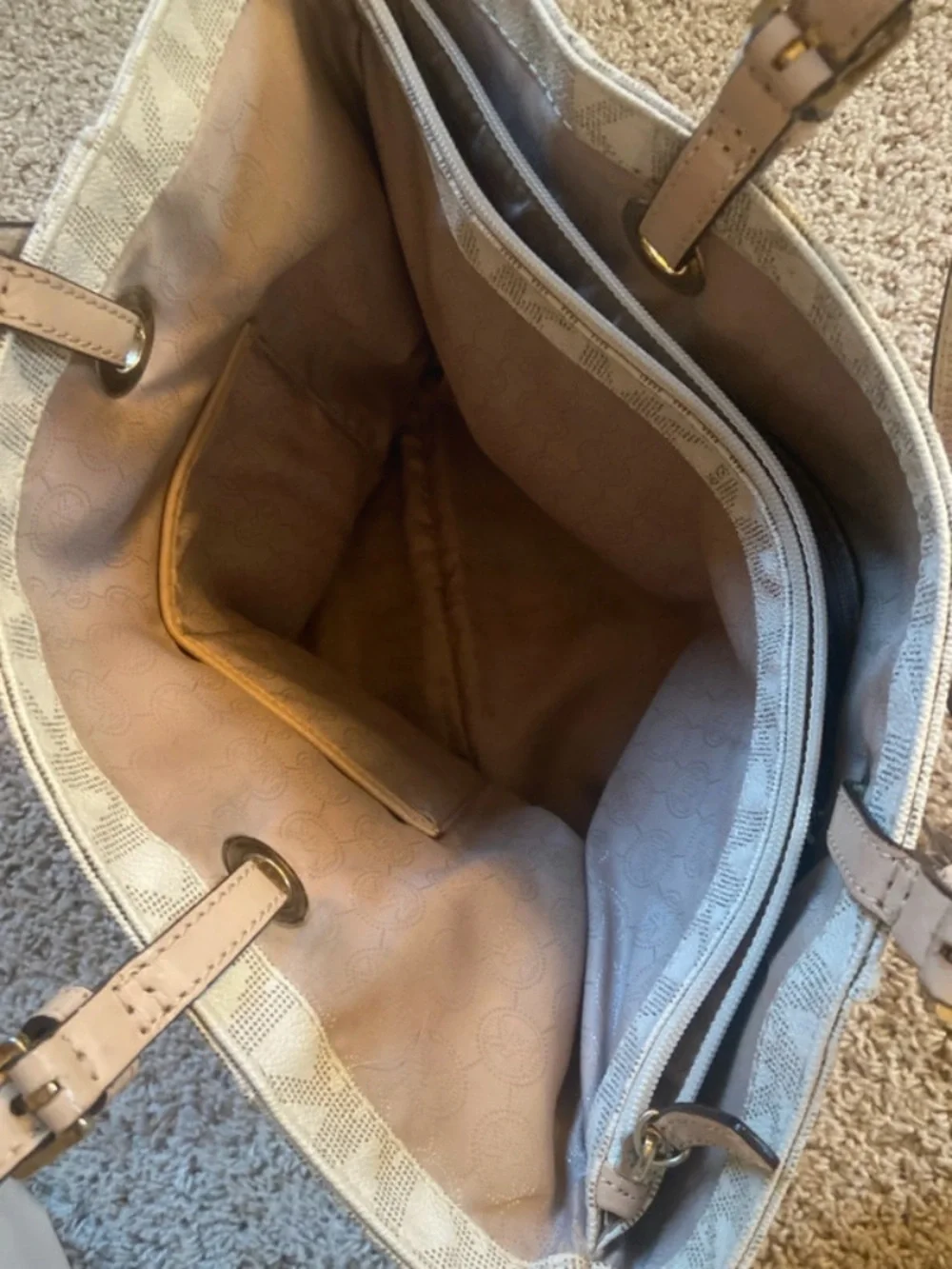 MICHAEL Michael Kors Cream MK Logo Tote with Tan Leather Straps